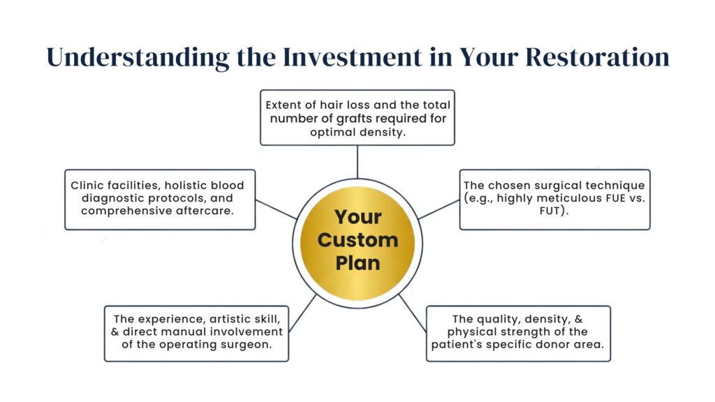 Infographic explaining hair transplant investment factors at our Pune clinic, including graft count, surgical technique (FUE vs. FUT), surgeon expertise, and donor area quality.