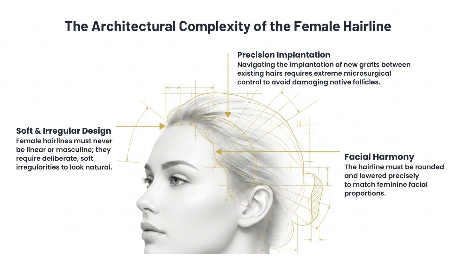 Infographic detailing the architectural complexity of a natural female hairline, focusing on soft irregular design, precision implantation, and facial harmony for hair transplants in Pune.