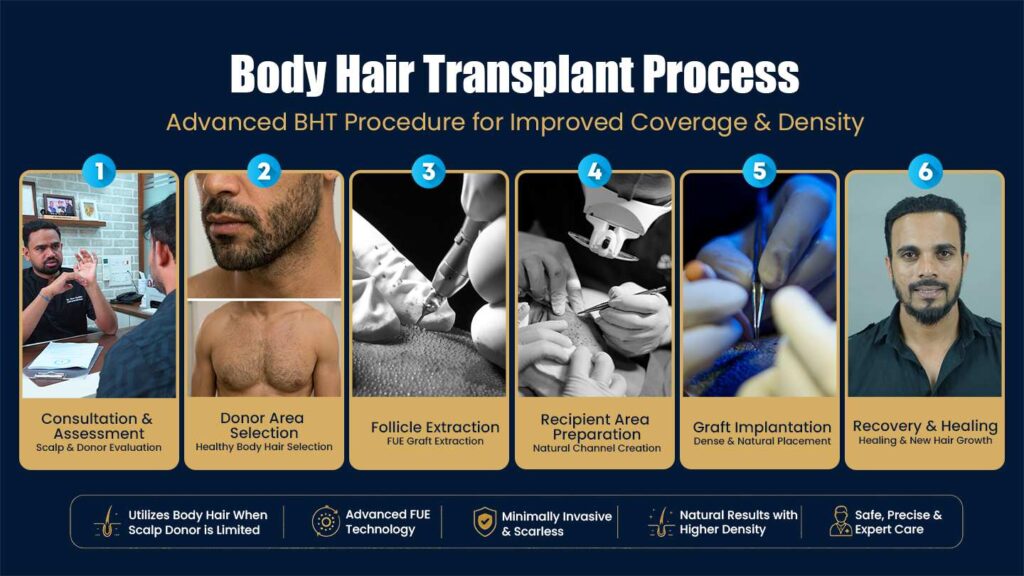 Body Hair Transplant Process in Pune Showing Consultation, Follicle Extraction, Graft Implantation and Recovery Stages