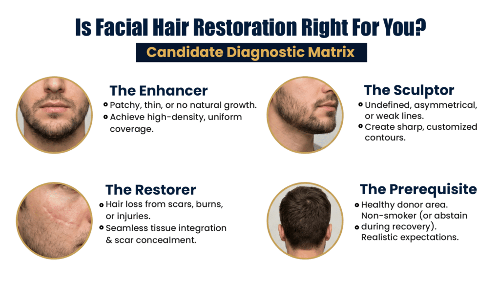 Beard & Moustache Hair Transplant Candidate Assessment Matrix Showing Ideal Facial Hair Restoration Candidates