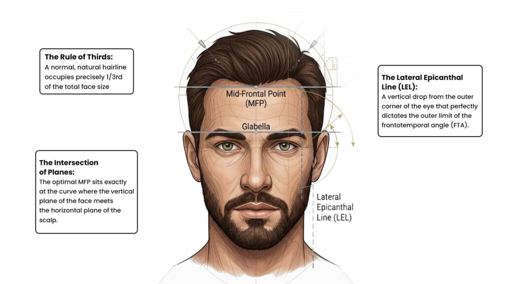 Hairline reconstruction mathematical guide detailing facial symmetry rules including the Rule of Thirds, the Intersection of Planes, and the Lateral Epicanthal Line on a man's face