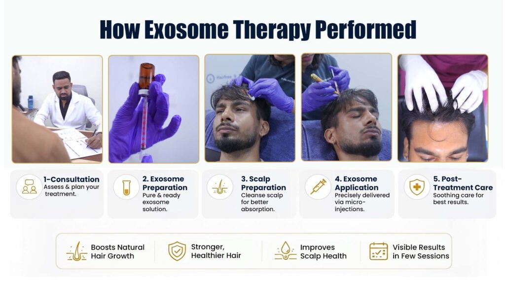 Exosome Therapy for Hair Loss in Pune – Treatment process showing consultation, exosome preparation, scalp preparation, exosome application, and post-treatment care