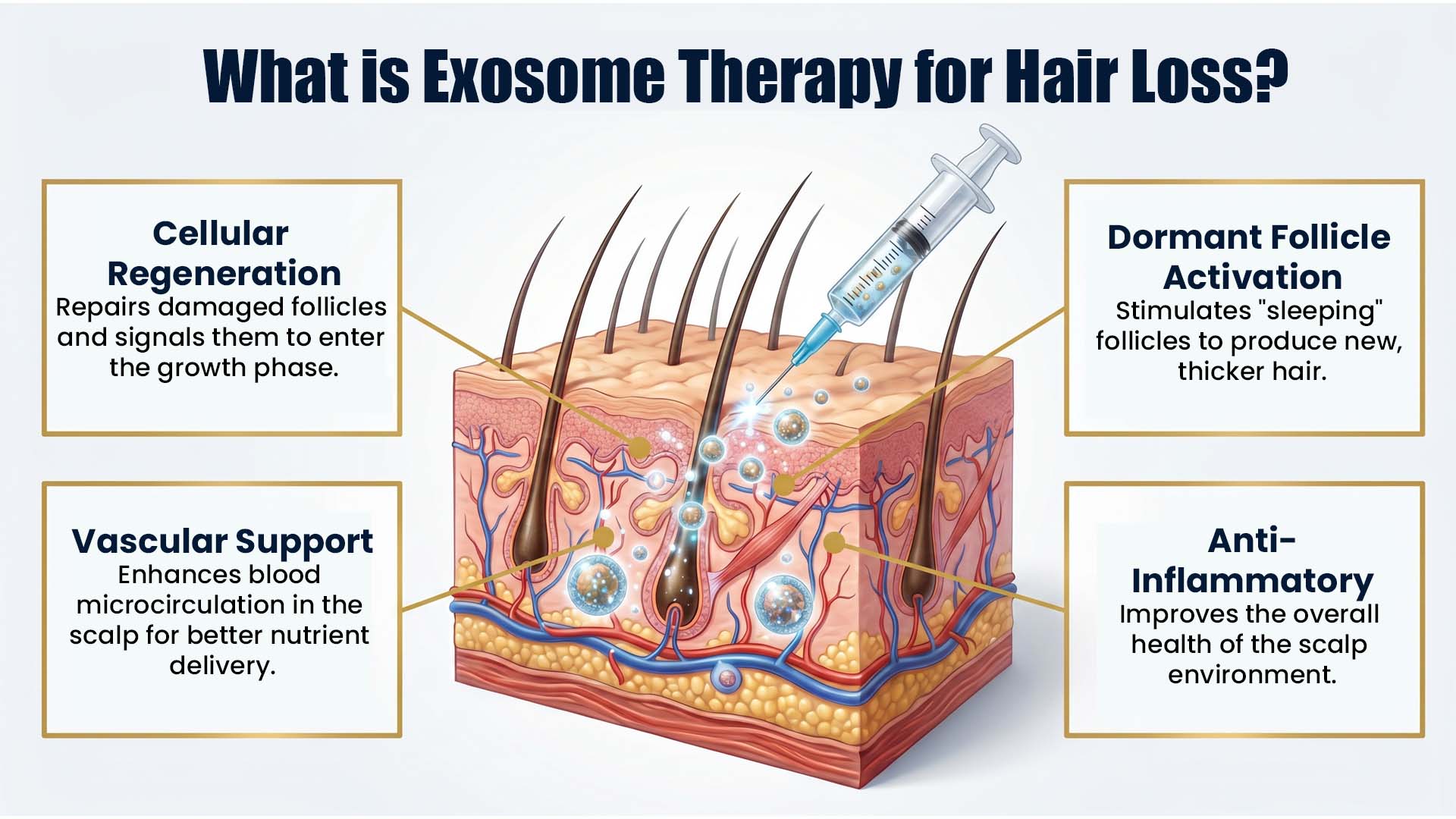 Exosome Therapy for Hair Loss in Pune – Illustration showing cellular regeneration, dormant follicle activation, vascular support, and anti-inflammatory benefits for hair growth