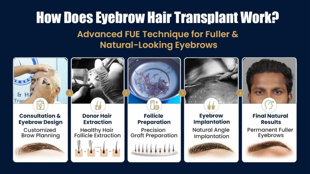 Step-by-step eyebrow hair transplant procedure in Pune showing consultation, donor hair extraction, follicle preparation, implantation, and final results