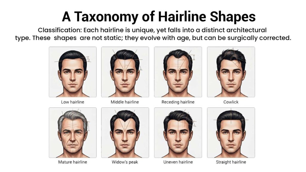 Hairline reconstruction guide showing a taxonomy chart of eight different hairline shapes including low, middle, receding, cowlick, mature, widow's peak, uneven, and straight.