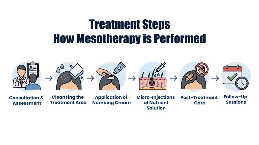 Mesotherapy Treatment for Hair Loss in Pune Showing Consultation, Scalp Preparation, Nutrient Injections and Follow-Up Care