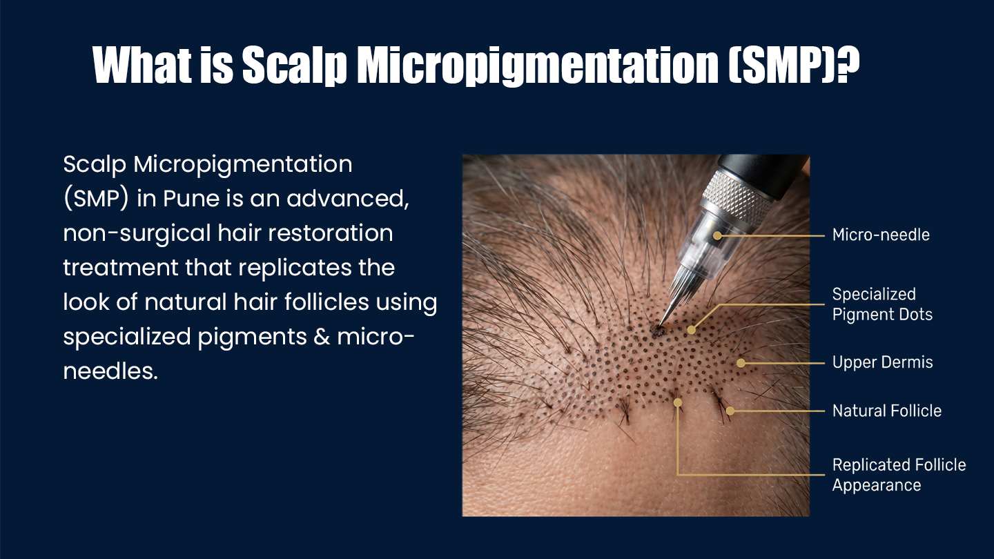 Scalp Micropigmentation in Pune Showing Micro-Needle Pigment Application to Replicate Natural Hair Follicles