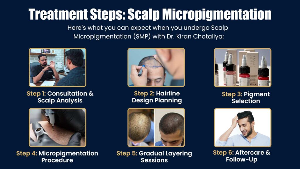 Scalp Micropigmentation in Pune Showing Consultation, Hairline Design, Pigment Selection, SMP Procedure and Aftercare