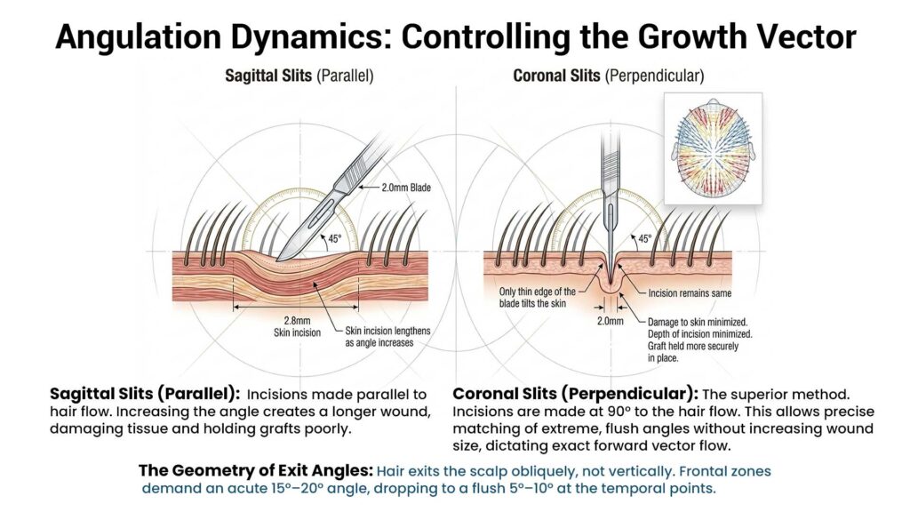 Hairline reconstruction technical diagram illustrating angulation dynamics, comparing sagittal slits to superior coronal slits for controlling hair growth vectors.