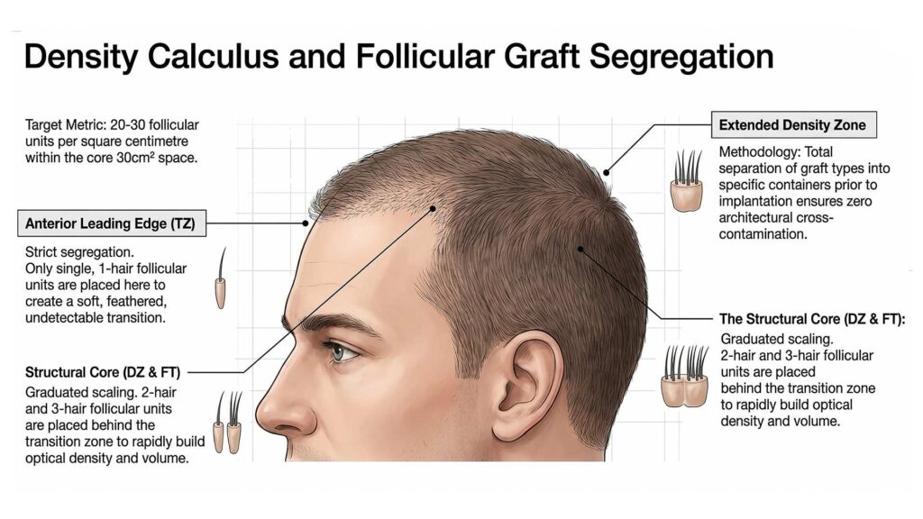 Hairline reconstruction medical diagram demonstrating density calculus and follicular graft segregation across the anterior leading edge, structural core, and extended density zone.