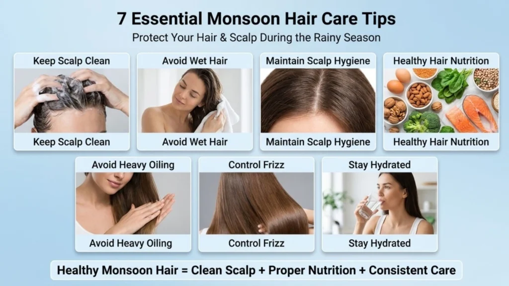 7 essential monsoon hair care tips to reduce hair fall, prevent dandruff, improve scalp health, and maintain healthy hair during the rainy season.