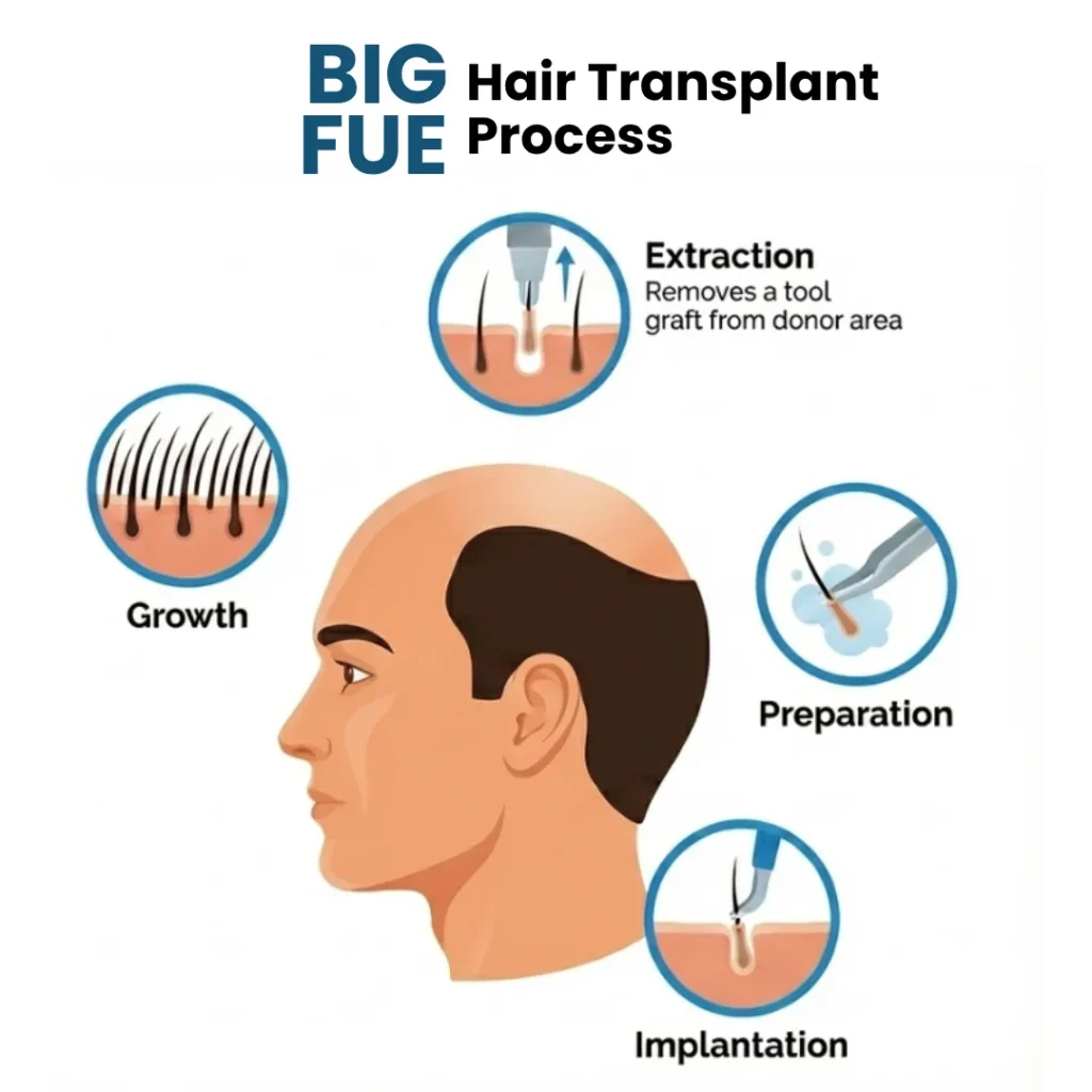 BIG FUE Male hair transplant in Pune, process steps showing extraction, preparation, implantation, and growth phases.