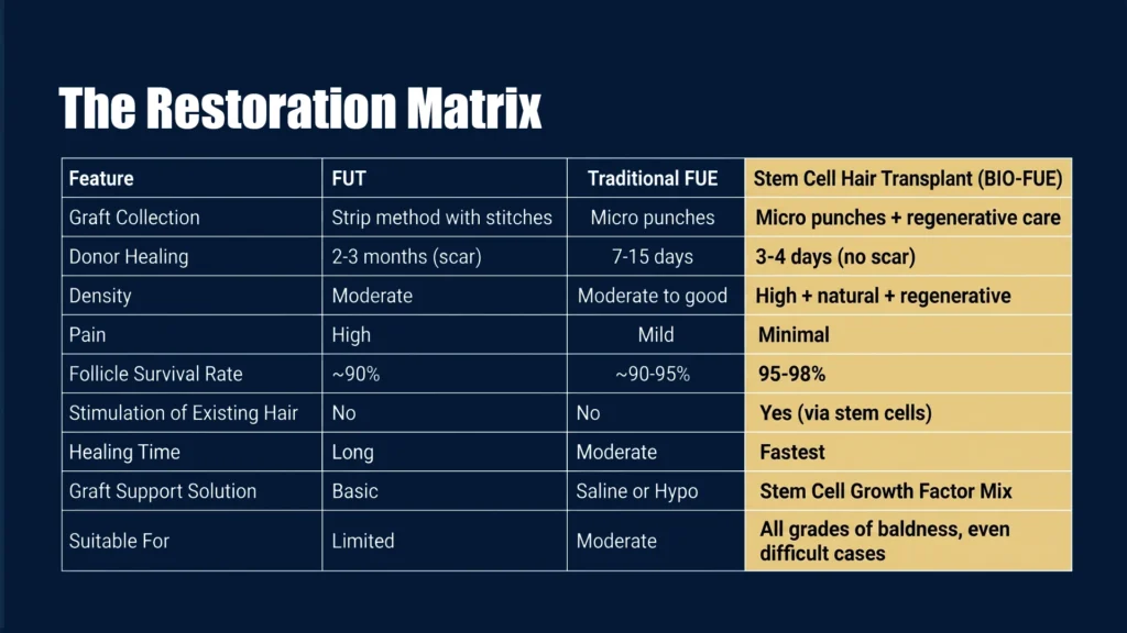 Comparison table of FUT, Traditional FUE, and BIO-FUE hair transplant techniques in Pune showing healing time, graft survival, density, and recovery