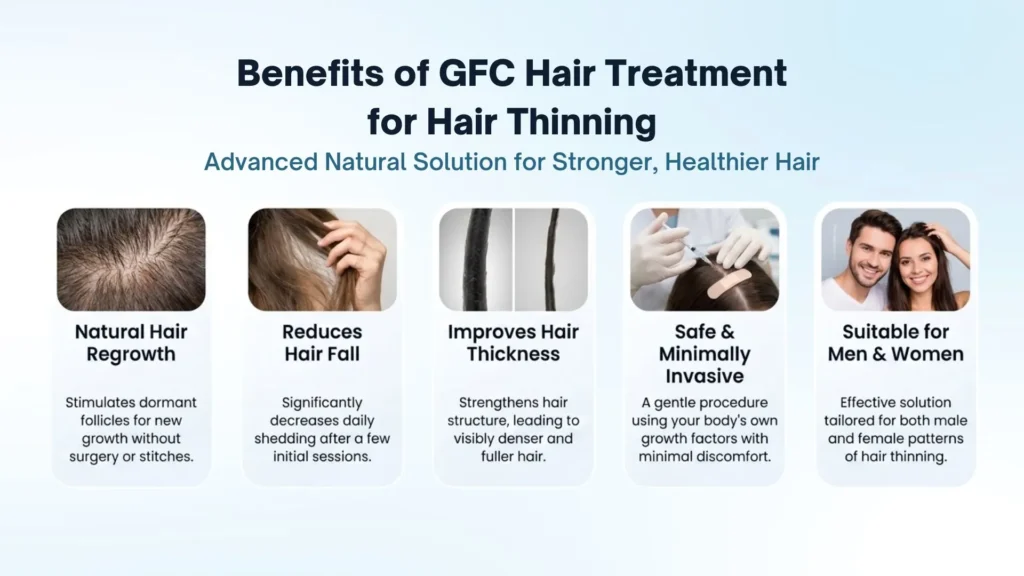 GFC Hair Treatment benefits showing scalp regeneration and hair follicle stimulation for reducing hair thinning and improving hair density