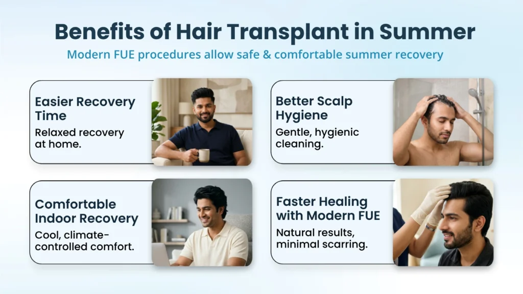 Benefits of hair transplant in summer including easier recovery, better scalp hygiene, and faster healing with FUE