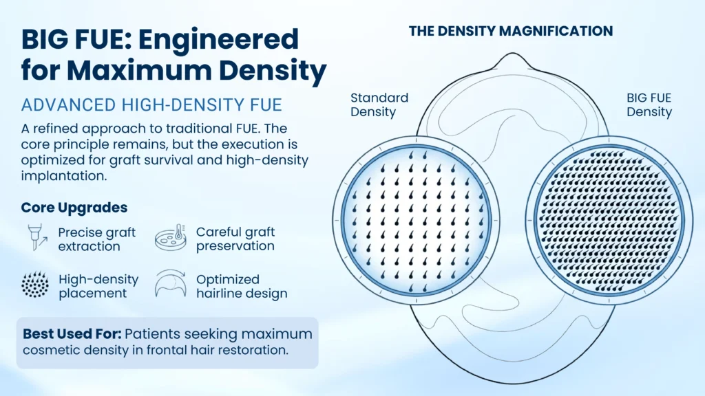 Diagram comparing standard hair density with Advanced High-Density BIG FUE hair transplant results at our clinic in Pune.