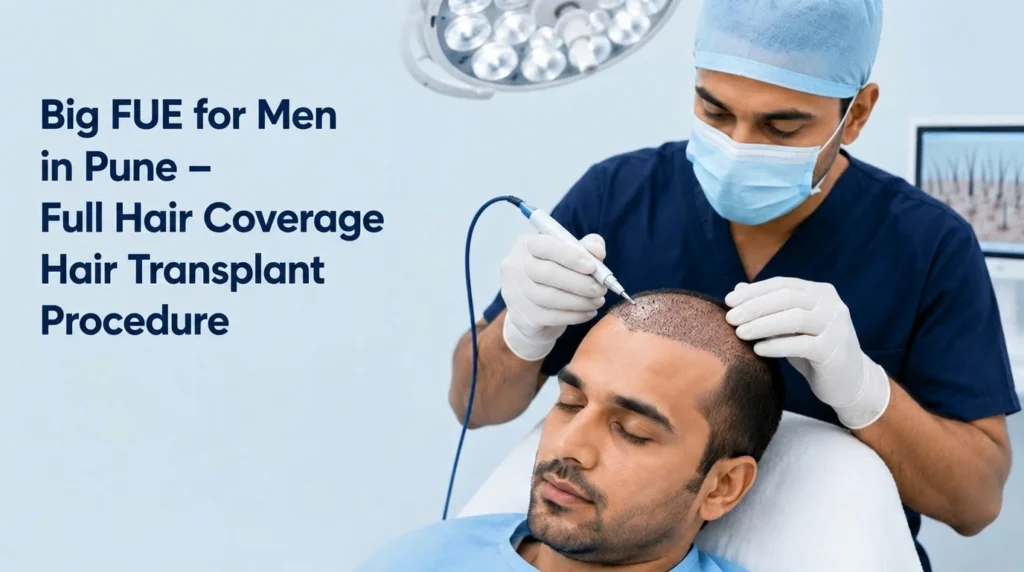 FUE hair transplant for men in Pune showing natural hair restoration and fuller scalp coverage