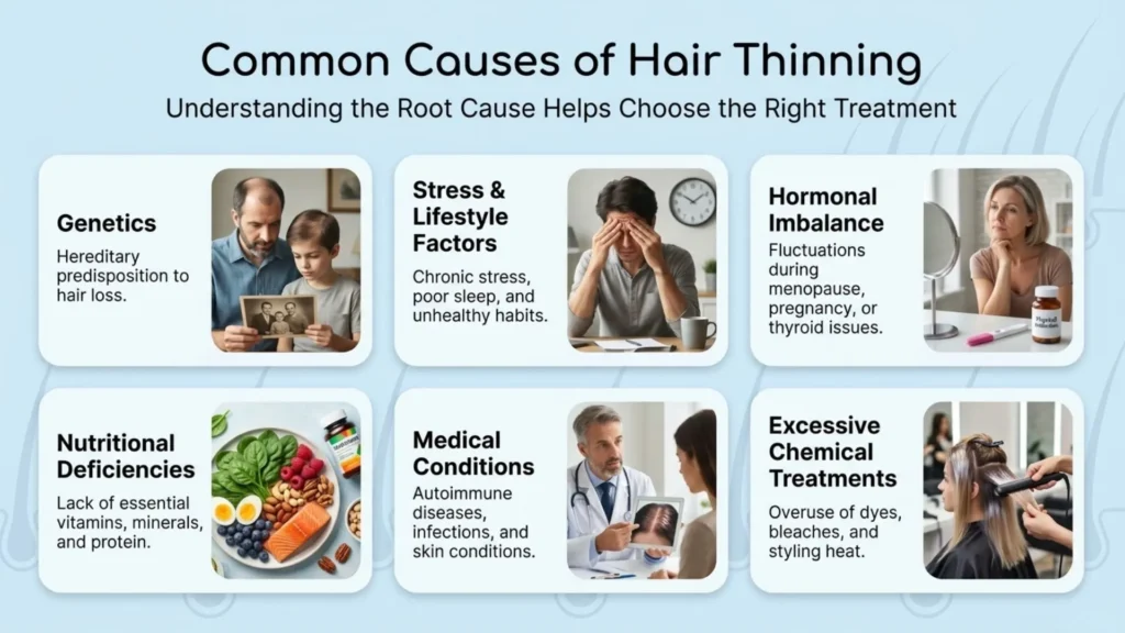Common causes of hair thinning including stress, hormonal imbalance, poor nutrition, genetics, and scalp health issues illustrated on a human scalp
