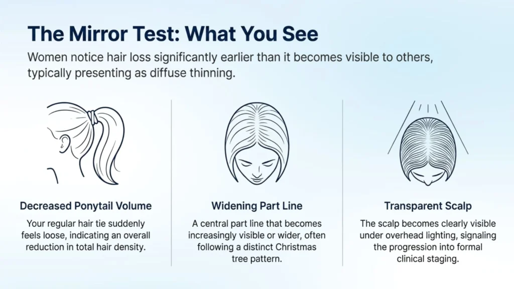 Early signs of female hair loss including widening part line and reduced hair density in women