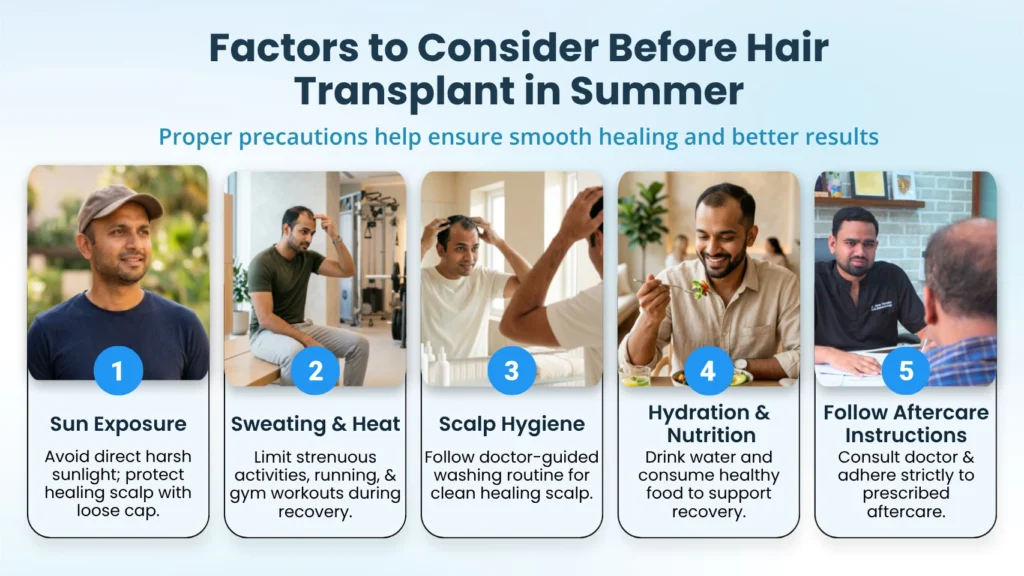 Important factors to consider before a summer hair transplant including sun protection, scalp hygiene, hydration, and aftercare
