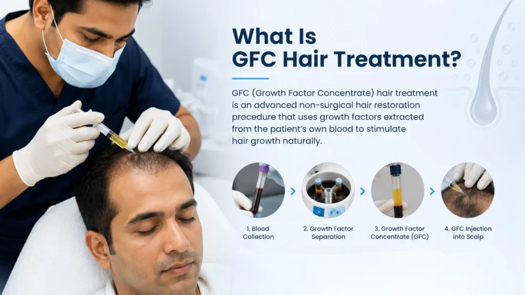 GFC Hair Treatment procedure for hair regrowth showing platelet growth factor application on scalp in a clinical setting