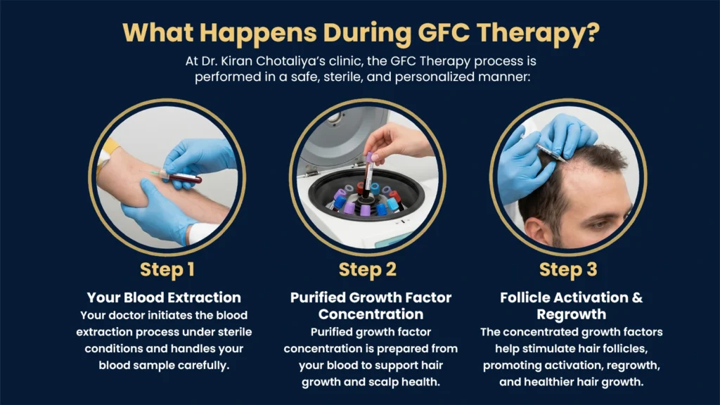 Step-by-step GFC Treatment in Pune showing blood extraction, growth factor concentration, and hair follicle stimulation
