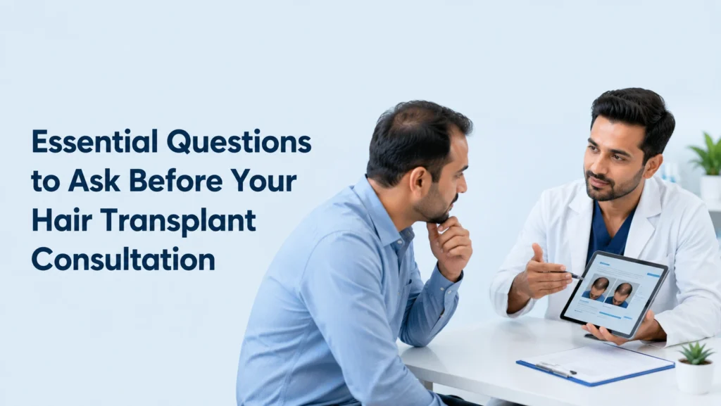 Checklist of questions to ask before hair transplant consultation with doctor explaining procedure and hair analysis