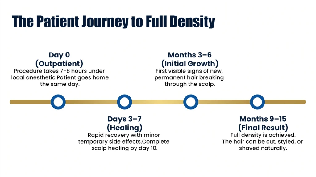Hair transplant recovery timeline in Pune showing healing, initial hair growth, and final results after hair restoration surgery