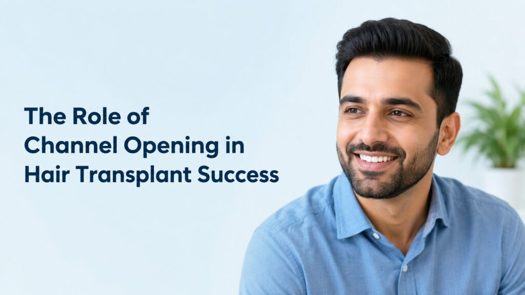 Channel opening in hair transplant showing slit creation for graft placement in scalp