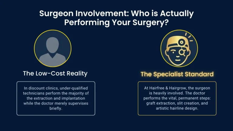 Hair transplant surgeon involvement in Pune showing the importance of experienced surgeon-led graft extraction, hairline design, and implantation planning