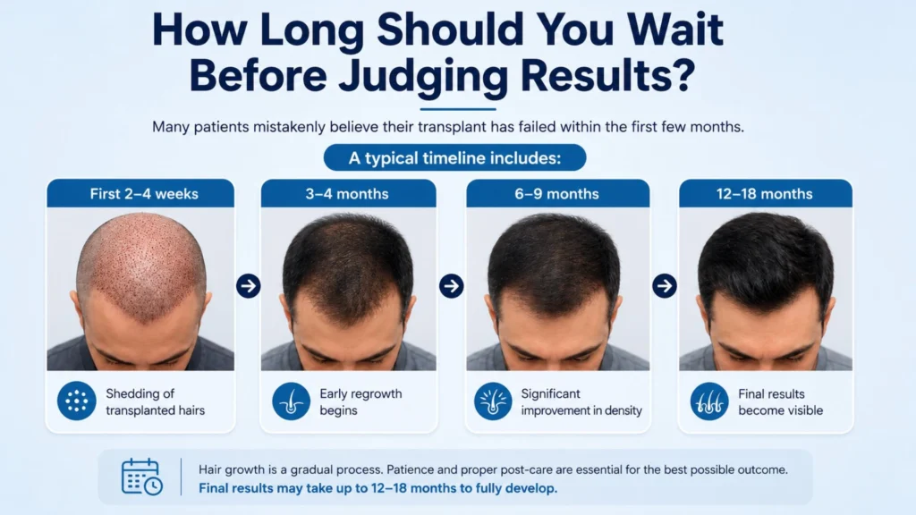 Hair transplant recovery timeline showing when to evaluate final hair transplant results