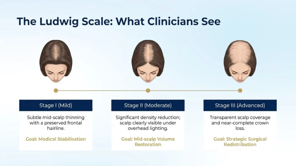 Ludwig Scale showing stages of female hair loss and hair thinning in women