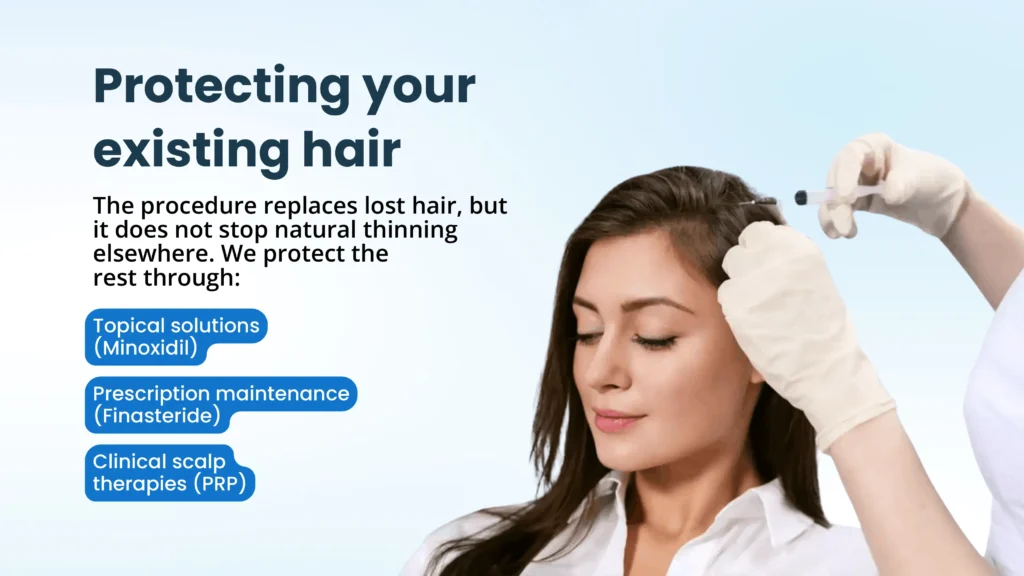 Hair transplant patient maintaining existing hair with medical treatments and regular follow-up care in Pune