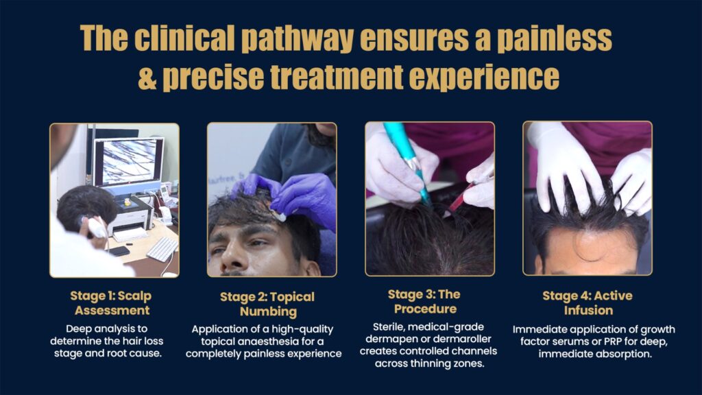 Microneedling for Hair Loss in Pune – Clinical treatment pathway showing scalp assessment, scalp preparation, microneedling procedure, and post-treatment scalp evaluation