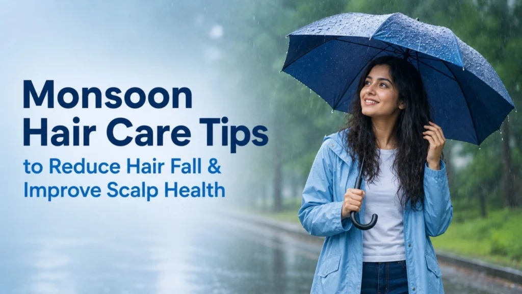 Monsoon hair care tips showing healthy hair routine, scalp care, hydration, balanced diet, and protection from hair fall during the rainy season.