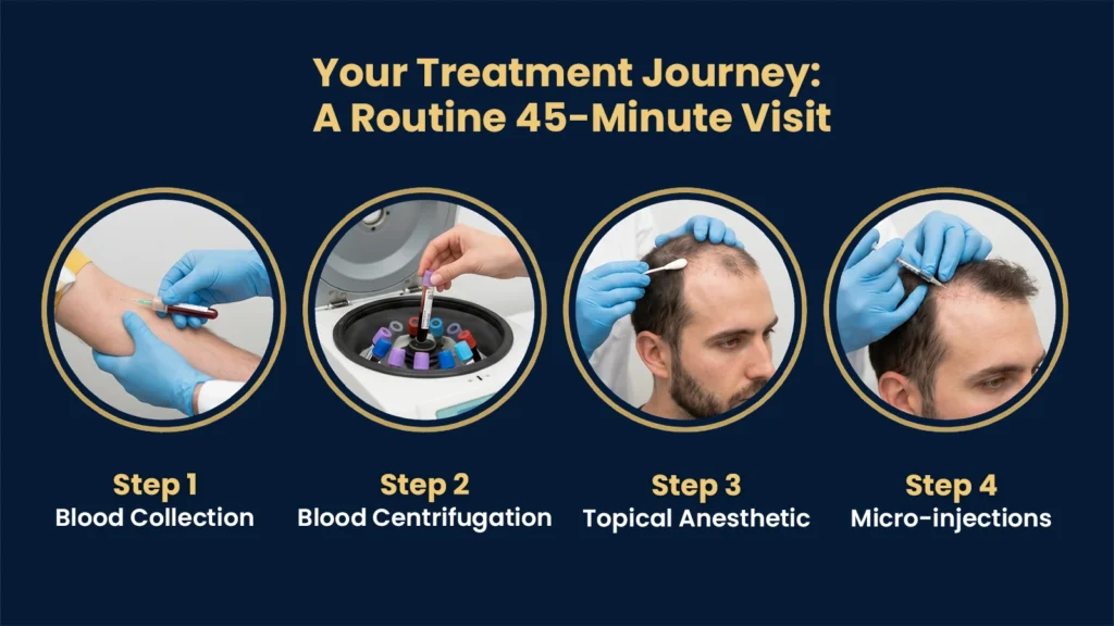 PRP Treatment Procedure for Hair Loss in Pune Showing Blood Collection, Centrifugation, Anesthetic Application and Scalp Injections