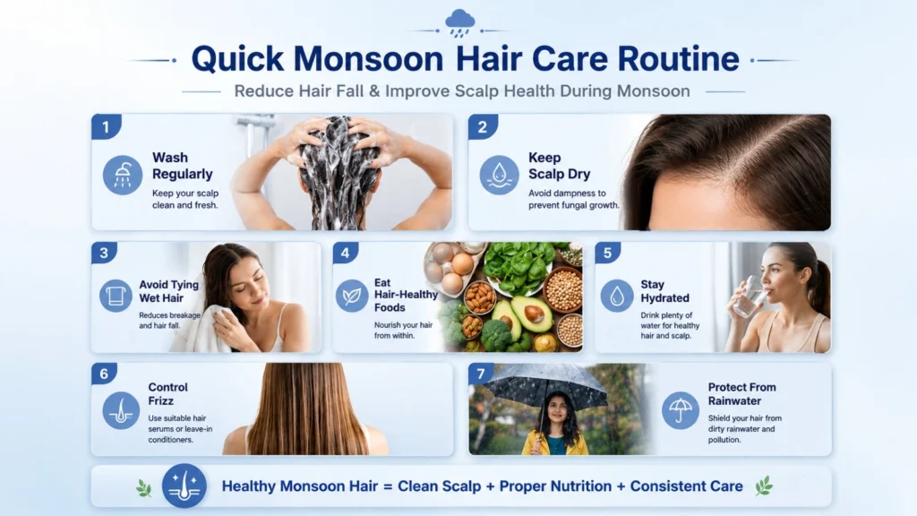 Quick monsoon hair care routine to reduce hair fall, improve scalp health, prevent dandruff, and maintain healthy hair during the rainy season.