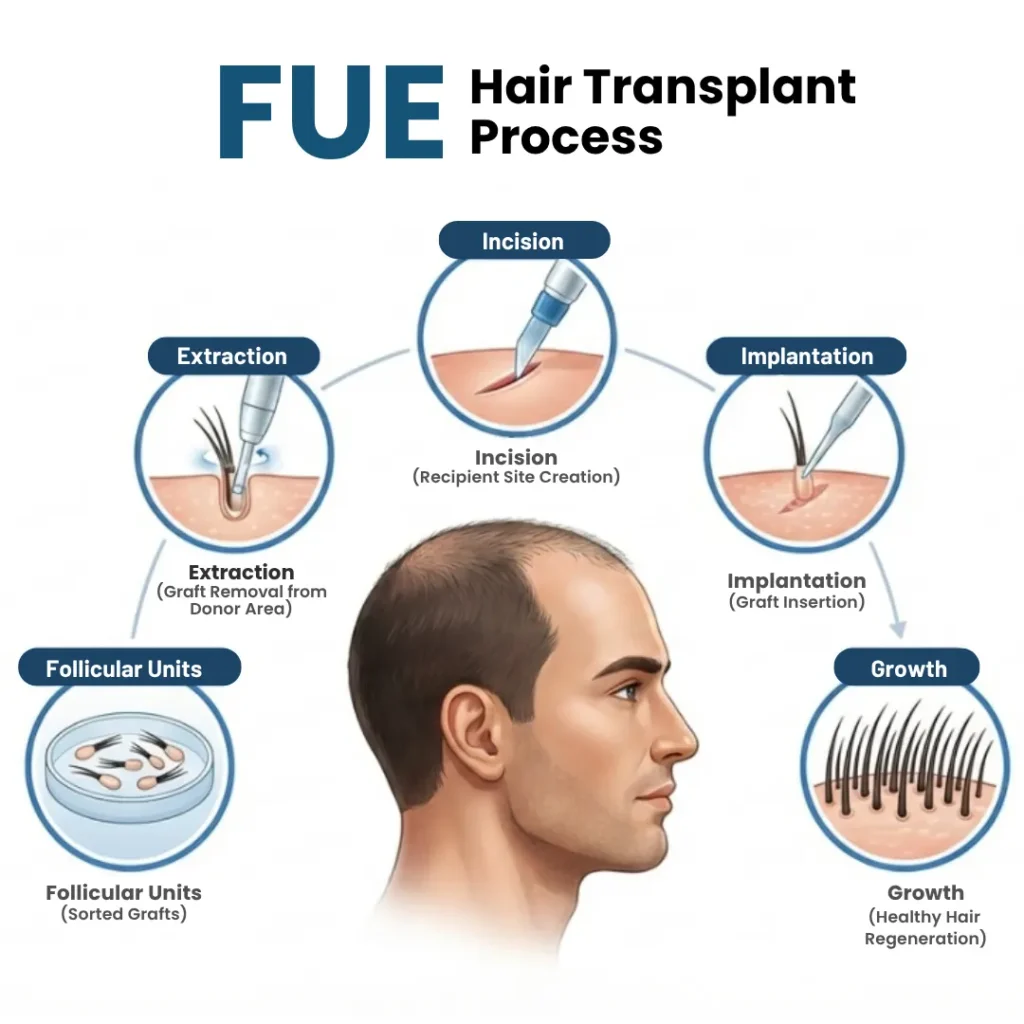 FUE hair transplant process steps including extraction, graft storage, incision, implantation, and growth