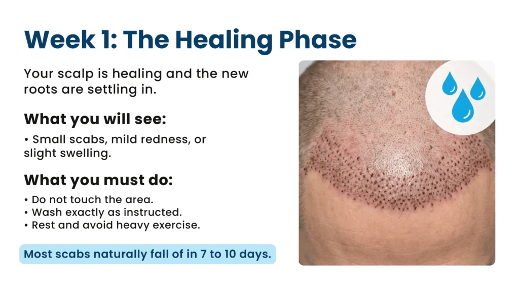 Week 1 healing phase after hair transplant surgery showing graft recovery