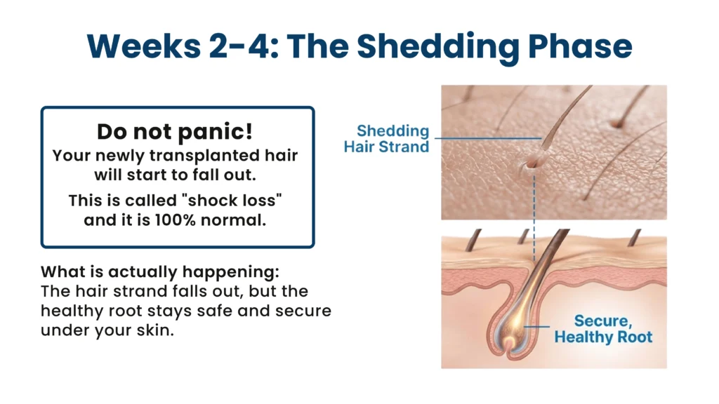 Week 2 to 4 shock loss phase after hair transplant with temporary hair shedding