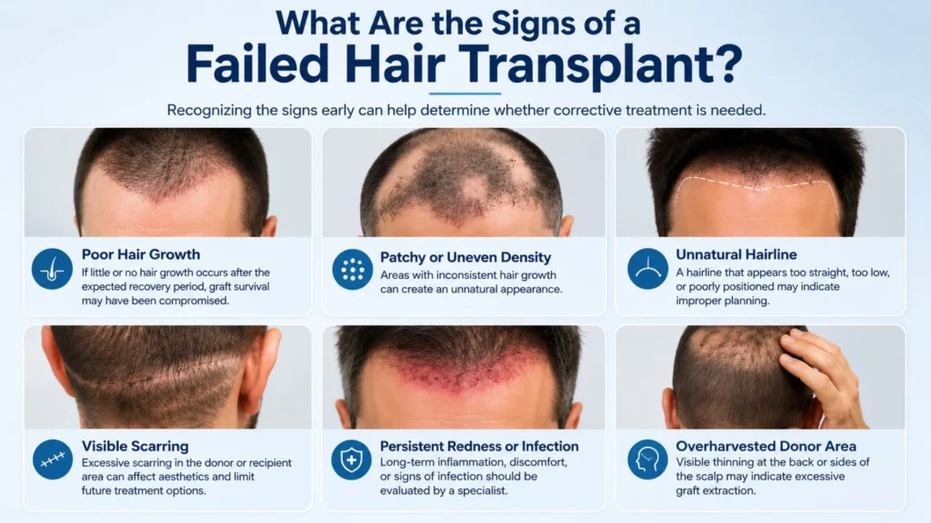 Signs of a failed hair transplant including poor hair growth and unnatural hairline