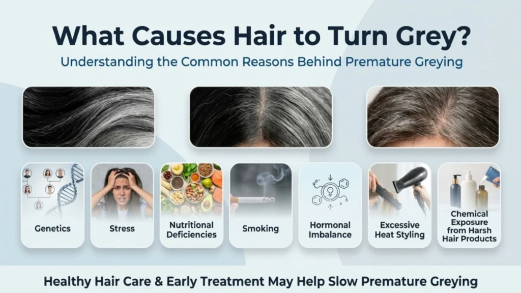 Common causes of grey hair including ageing, genetics, stress, and nutritional deficiencies