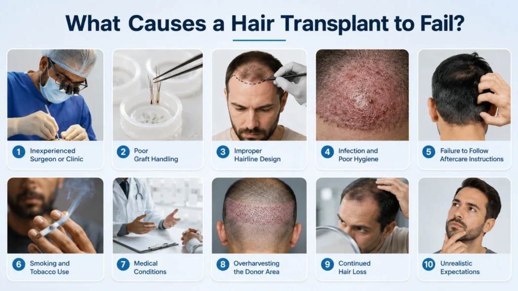 Common causes of failed hair transplant including poor graft placement and improper aftercare