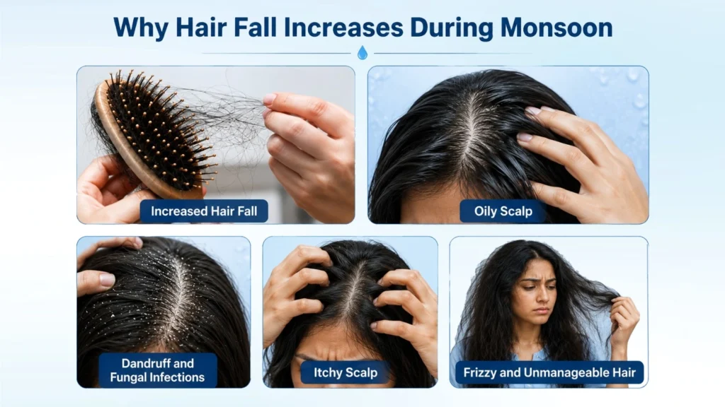 Hair fall during monsoon caused by humidity, oily scalp, dandruff, fungal infections, and weakened hair roots in the rainy season.