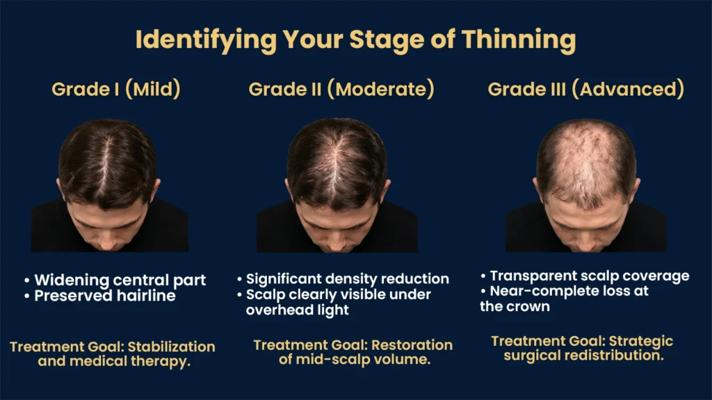 Hair Thinning Stages Showing Grade I Mild, Grade II Moderate, and Grade III Advanced Hair Loss