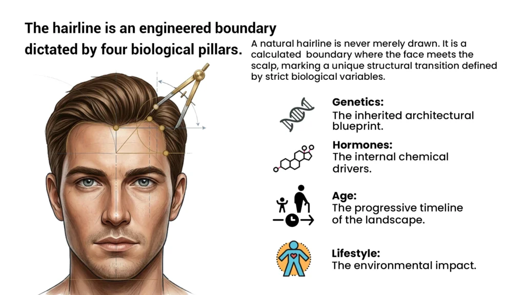 Hairline reconstruction infographic illustrating the four biological pillars—genetics, hormones, age, and lifestyle—with a geometric compass measuring a man's natural hairline.
