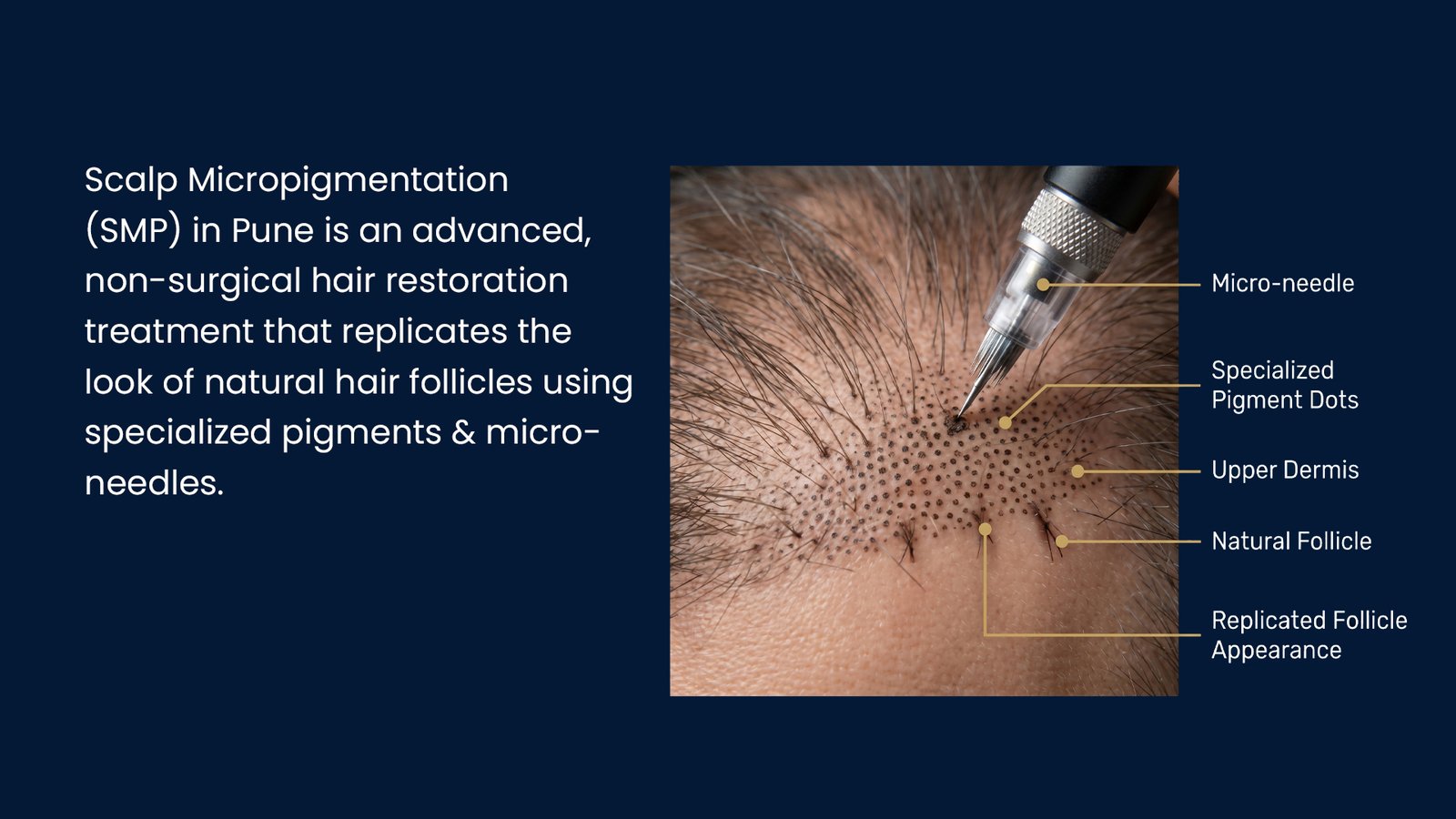 Scalp Micropigmentation in Pune Showing Micro-Needle Pigment Application to Replicate Natural Hair Follicles