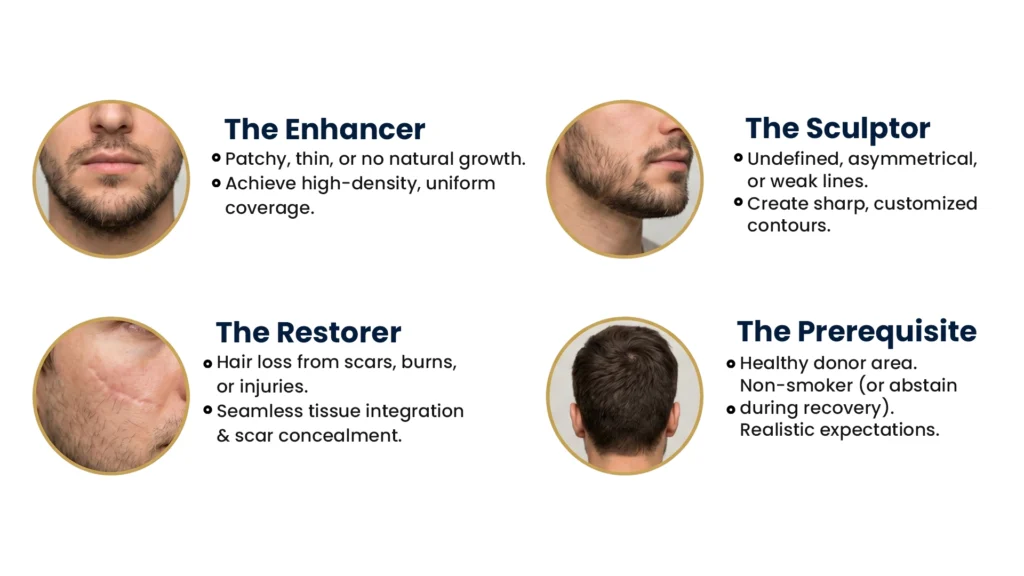 Beard & Moustache Hair Transplant Candidate Assessment Matrix Showing Ideal Facial Hair Restoration Candidates