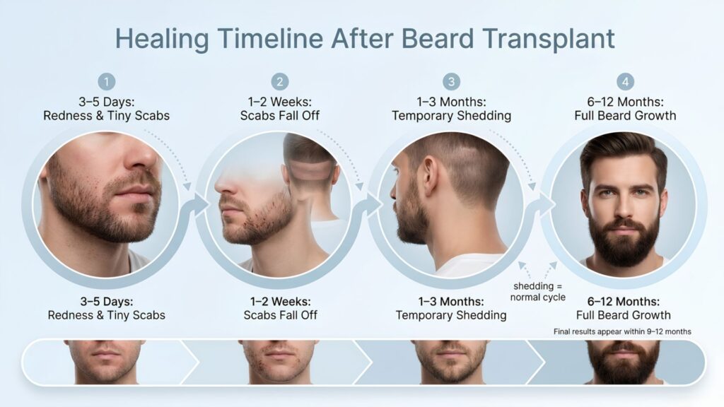 Beard transplant recovery timeline after beard hair transplant treatment in Pune using FUE technique