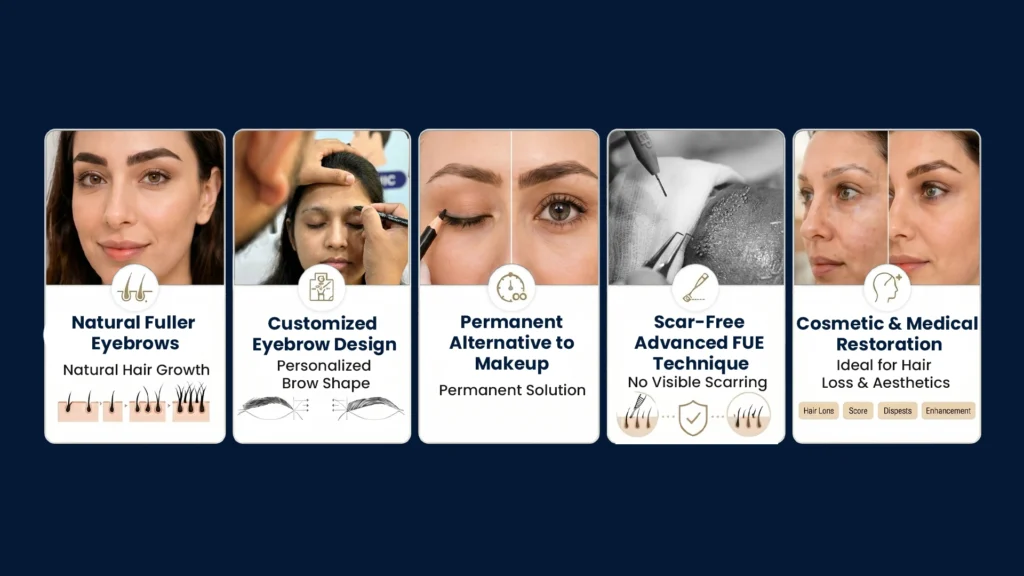 Benefits of eyebrow hair transplant in Pune including fuller eyebrows, customized design, permanent results, scar-free FUE technique, and aesthetic restoration